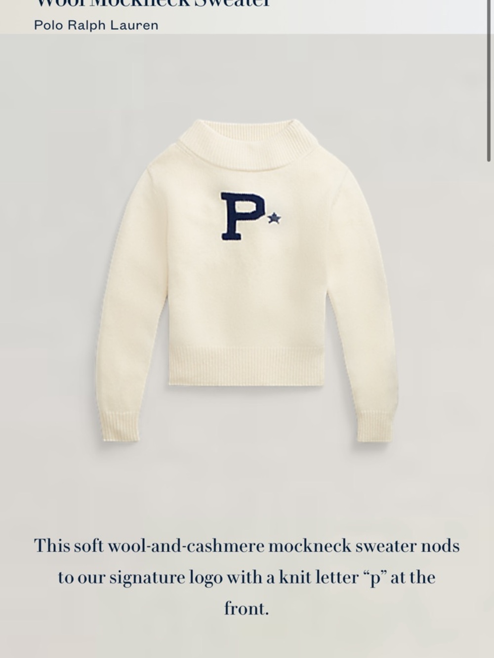 Ralph Lauren Cream Wool-Cashmere Mockneck Sweater with Navy 'P'